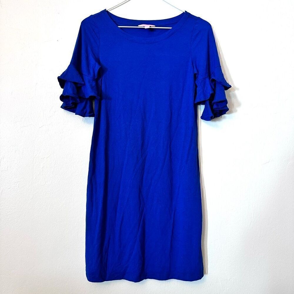 Lilly Pulitzer Women's Midi Dress Ruffled Quarter Sleeve Scoop Neck Blue XXS